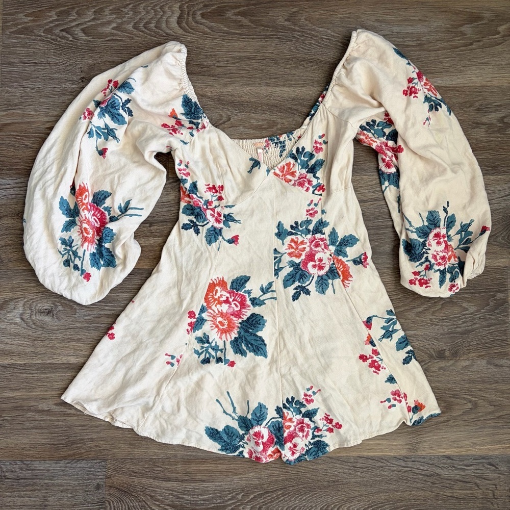 Free people floral puff sleeve mini dress cottagecore milkmaid coquette small